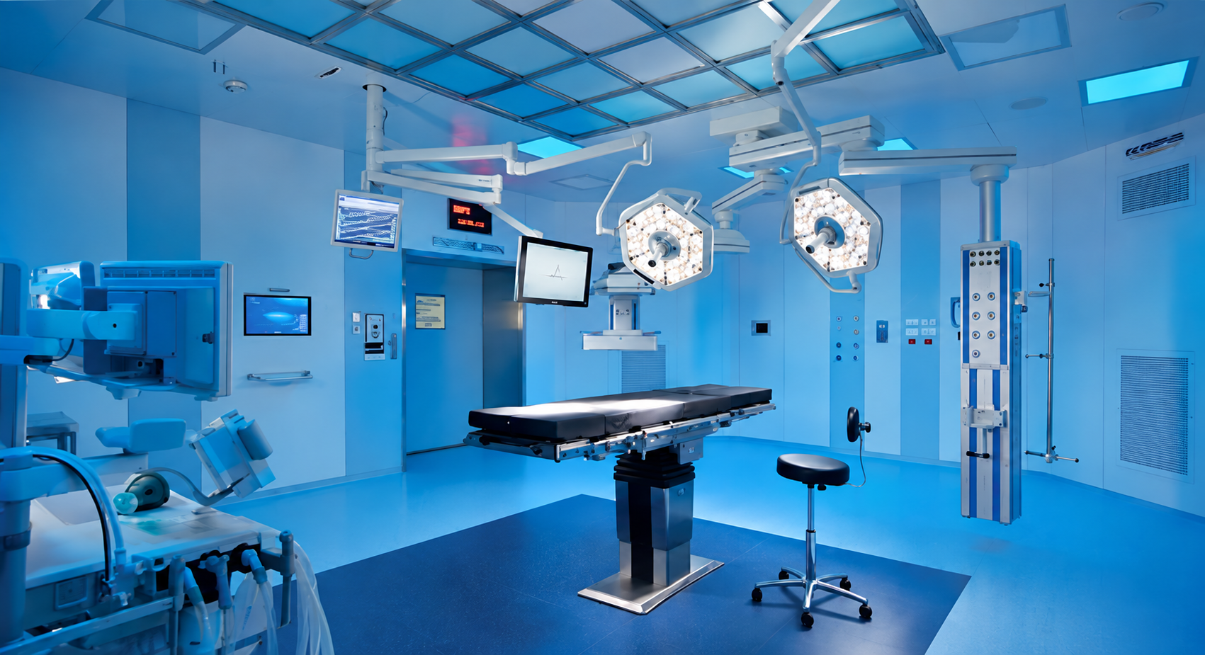 Modern operating room fully equipped with surgical lighting
